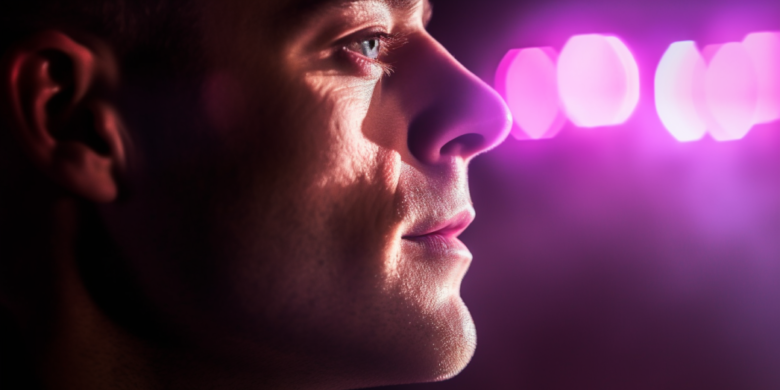 Man looking into distance with purple links around his eyes.