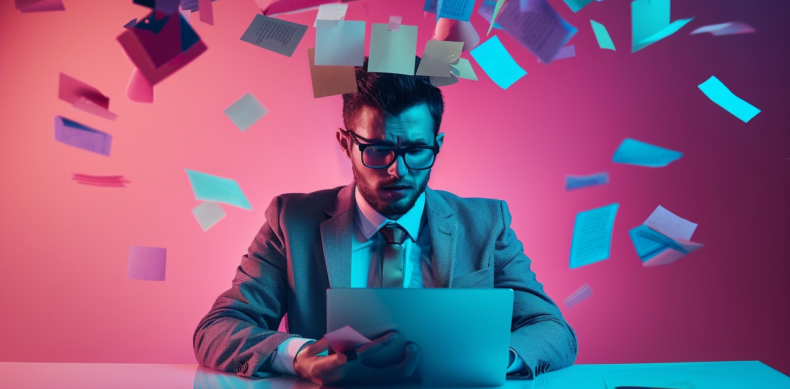 mastering customer-centric content: businessman engrossed reading with thoughts like post-it notes flying around his head.