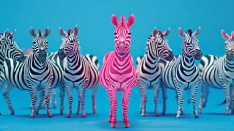 a pink zebra among a herd of ordinary zebras to illustrate standing out from the crowd