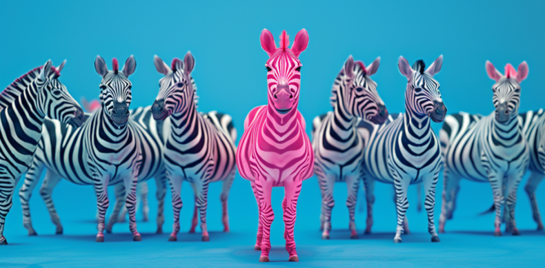 a pink zebra among a herd of ordinary zebras to illustrate standing out from the crowd