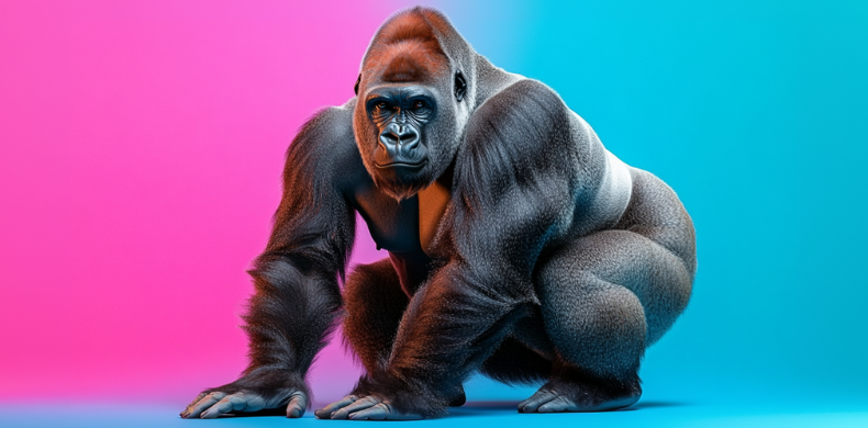 Silverback gorilla with pink and blue background