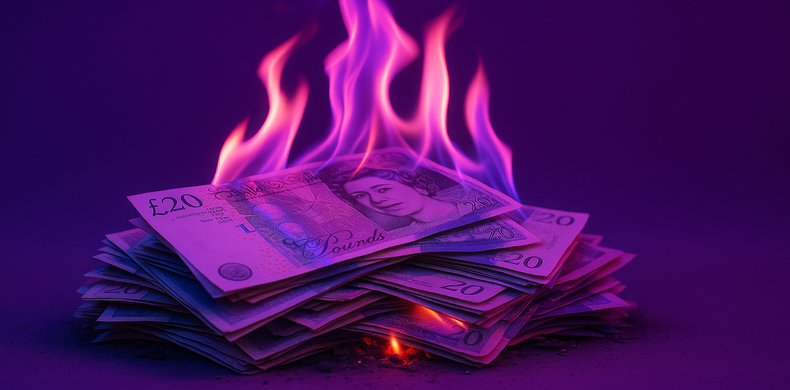 Hidden costs of cutting PR corners Hidden cost of cutting corners in PR image. Magenta, blues and purples of a burning money pile.