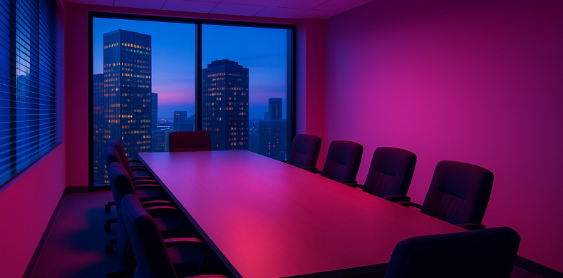 Magenta, blue and purple boardroom overlooking skycraper backdrop.