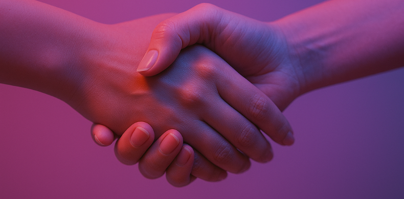 Building credibility Hands shaking in a fushcia and magenta background.