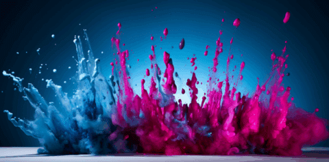 Large paint splash in blues, magenta and purples.