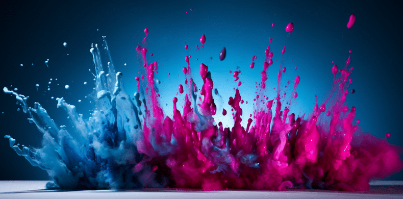 Strategic approach Large paint splash in blues, magenta and purples.