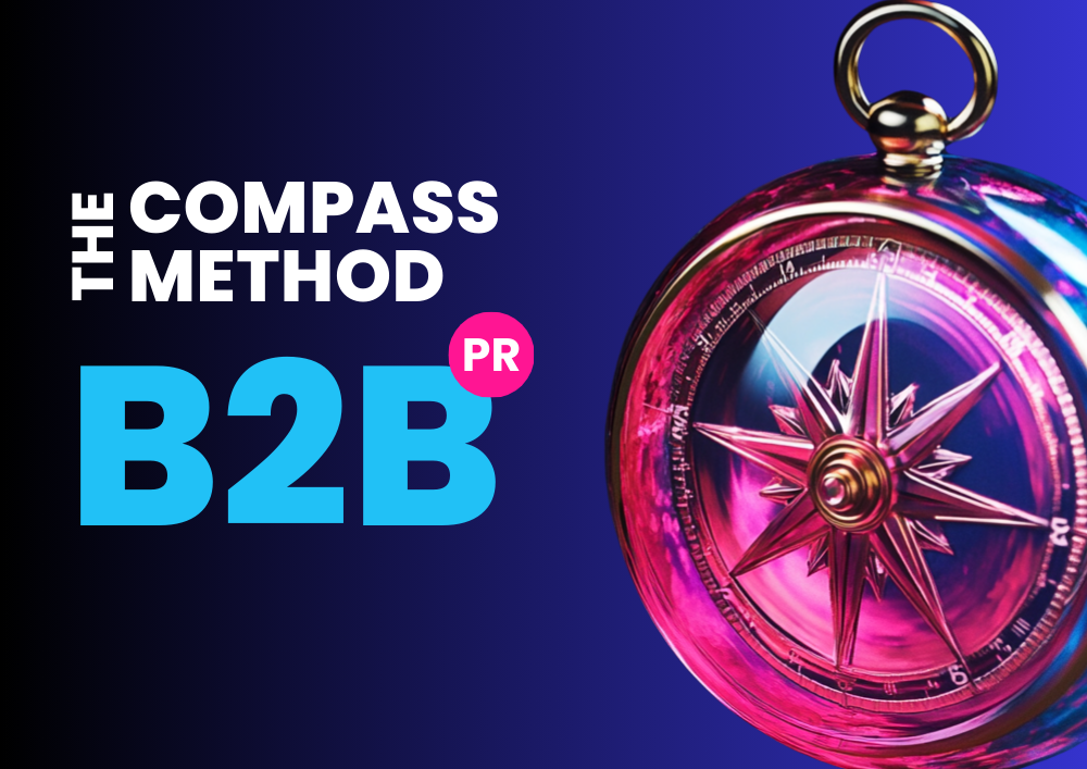Blue background banner with a compass and the words 'the compass method, b2b pr'
