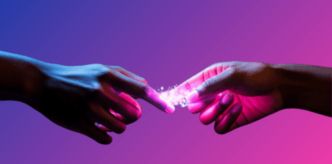 Future-proofing your PR strategy two hands connecting with sparks between them.