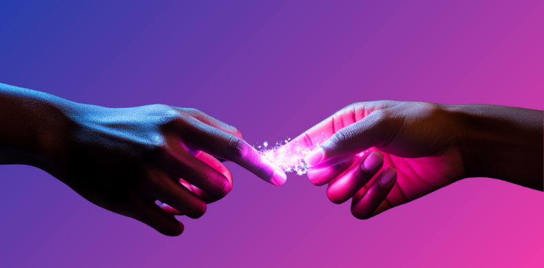 Future proof your strategy two hands connecting with sparks between them.